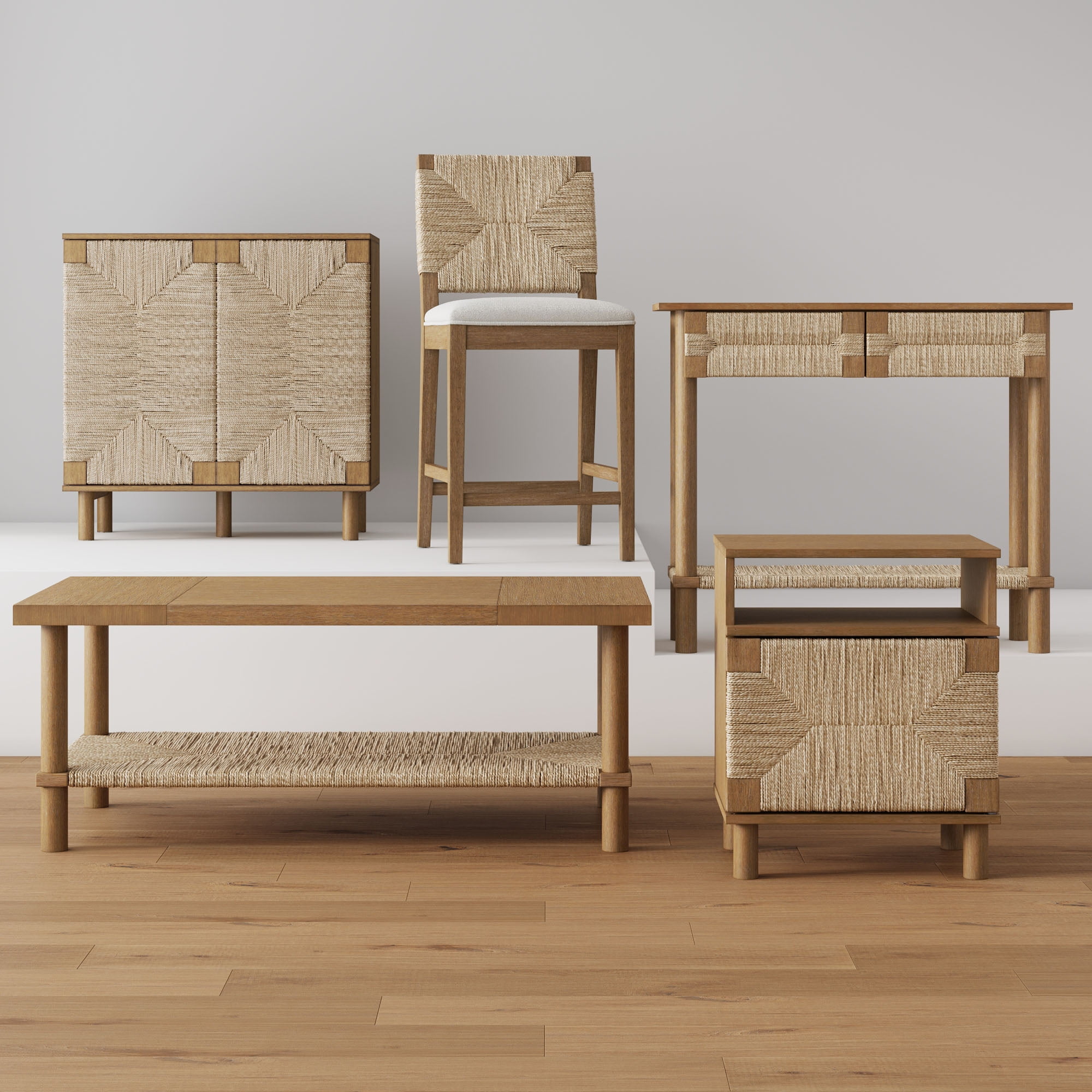 Nathan James Beacon Woven Seagrass Back Counter Height Bar Stools, Cream/Light Brown