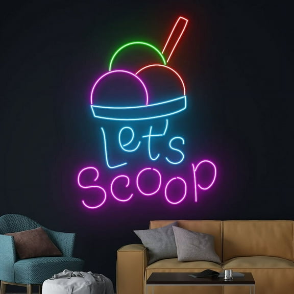 Handmadetneonsign Let's Scoop Ice Cream Neon Sign, Ice Cream Neon Light, Ice Cream Cone LED Light