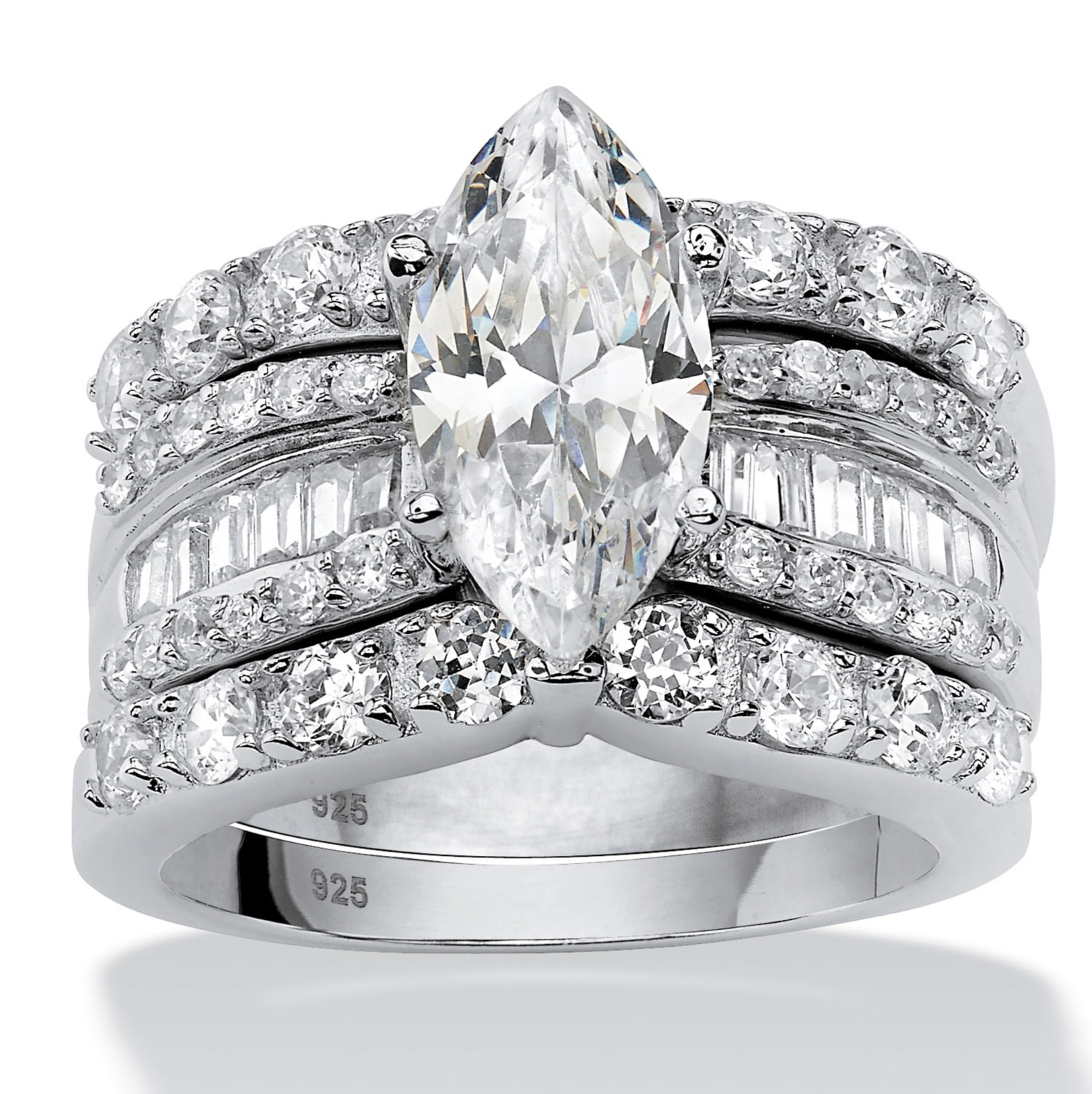 4.55 TCW Marquise-Cut Cubic Zirconia 3-Piece Bridal Ring Set in Platinum over Sterling Silver by PalmBeach Jewelry