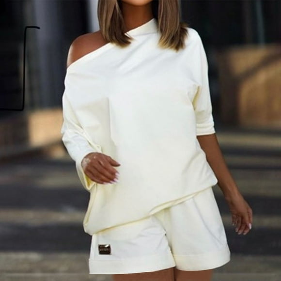 LOVZFMLL Women's Fashion Bodyguard Set With One Line Neck And Off Shoulder Loose Two Piece Set White XL