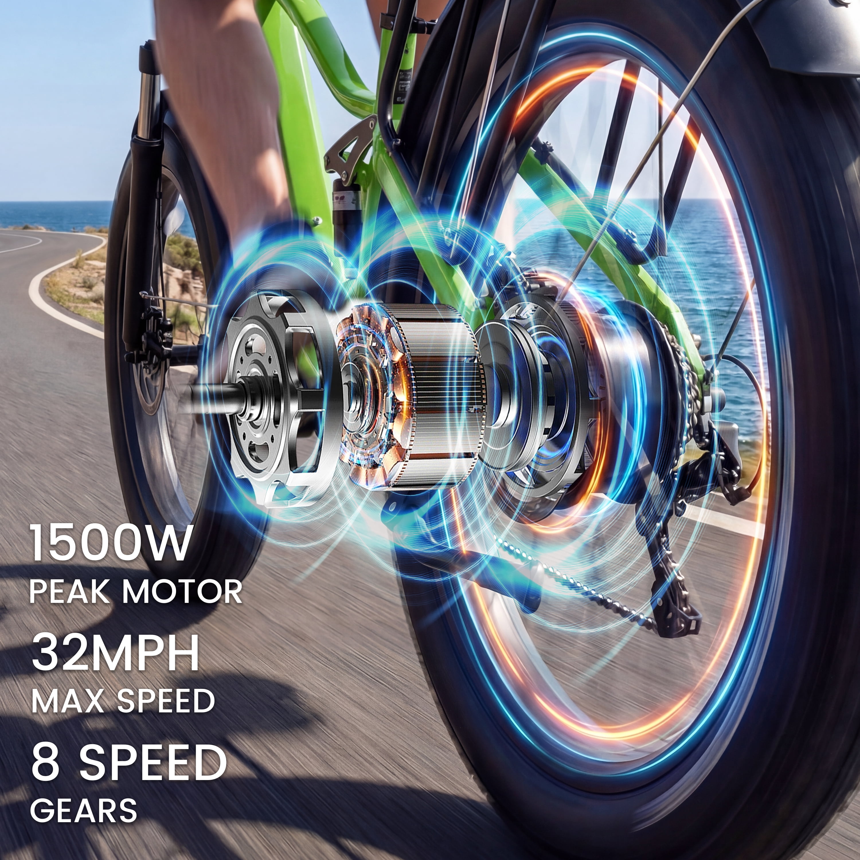 ESKUTE C300 Electric Bike for Adults, 1500W Peak Motor, 32MPH Fast Ebike, 48V 20.8Ah Battery Up to 80 Miles, 26"x4.0" Fat Tire, Full Suspension, 8-Speed Green, With Bag & Lock & Front Basket, UL2849