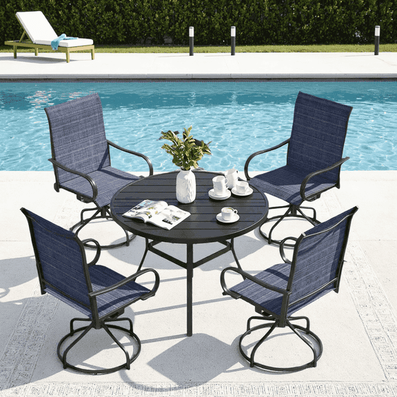 Arlopu 5-Piece Outdoor Patio Dining Set, Round Patio Table & 4 Textilene Swivel Chairs, Blue (Rocking not Included)