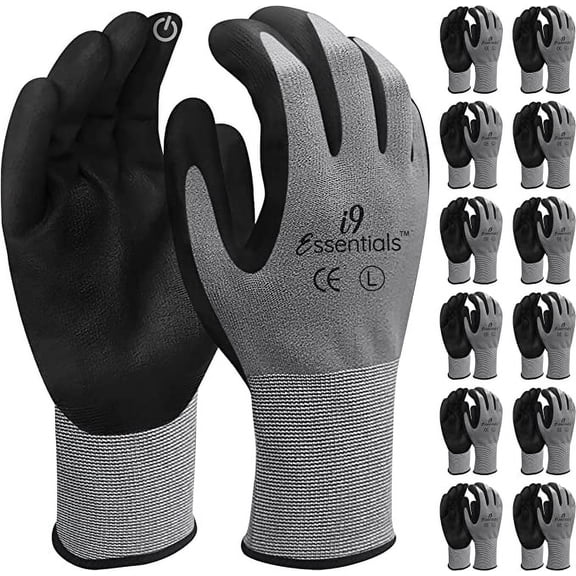 i9 Essentialsâ„¢ Safety Work Gloves, Touchscreen Micro-Foam Nitrile Coated Excellent Grip Glove for Men & Women General Purpose, 12 Pairs