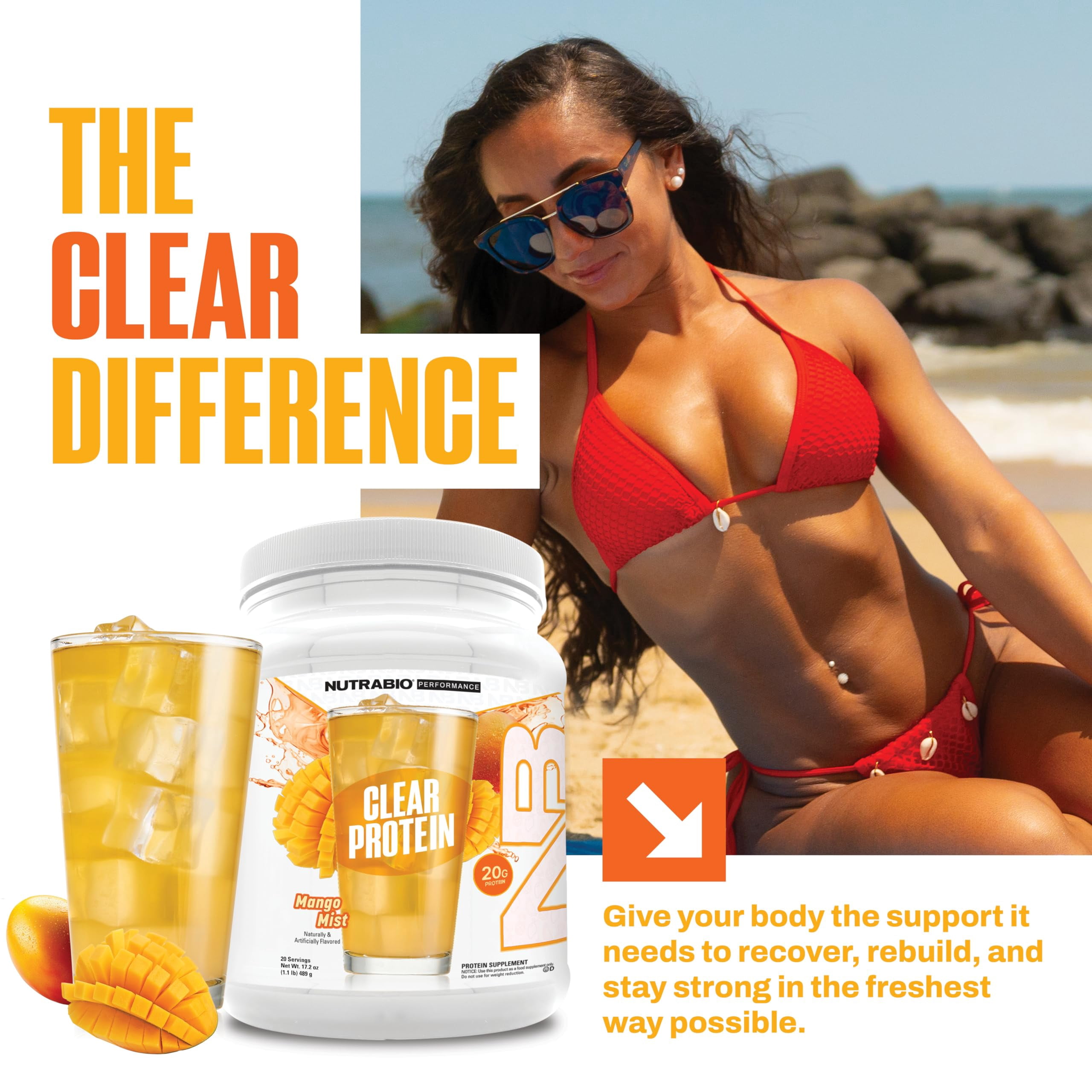 NutraBio Clear Whey Isolate Protein Powder, Delicious & Refreshing Fruit Flavors, Protein Juice, No Milky Taste, No Foam, Zero Sugar, Mango Mist, 20 Servings