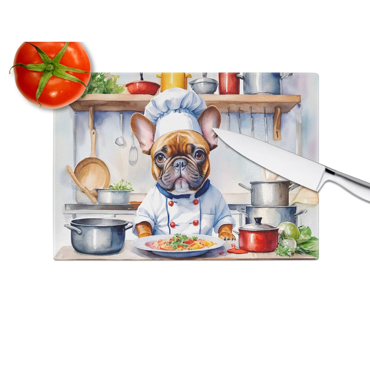French Bulldog The Chef Glass Cutting Board 12 in x 15 in