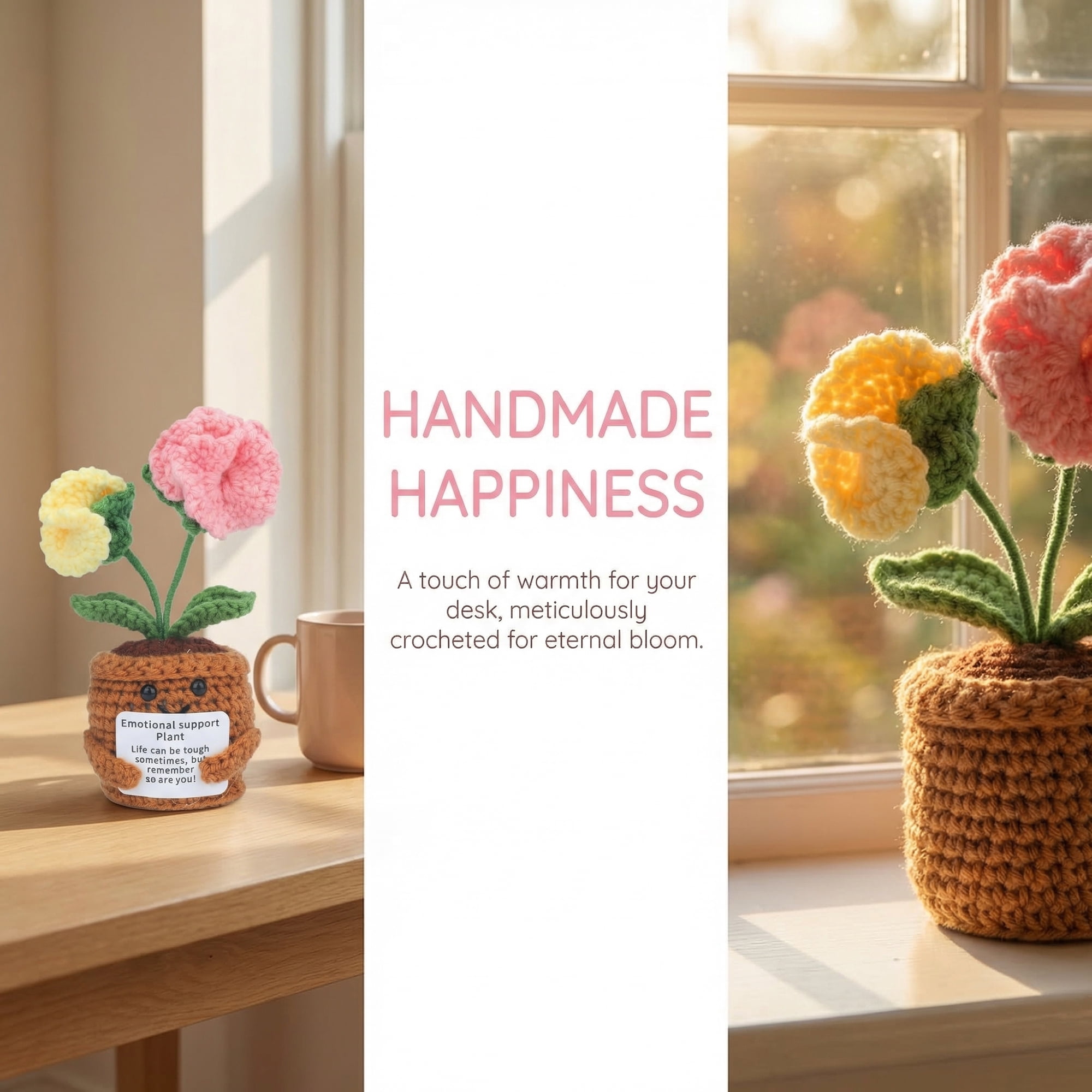 Unique Bargains 2Pcs Handmade Crochet Carnation Knitted Potted Plant Pale Yellow 4.3in
