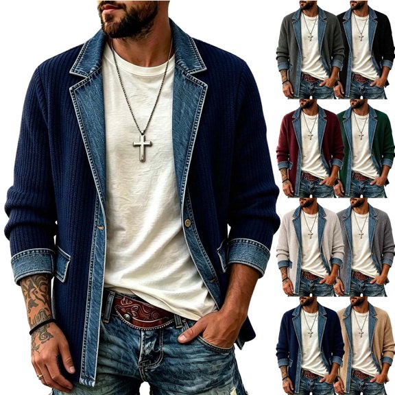 MexChoioe Mens Fall Casual Knit Cardigan Lapel Collar Denim Spliced Open Front Design Loose Cut Daily Coat for Mens