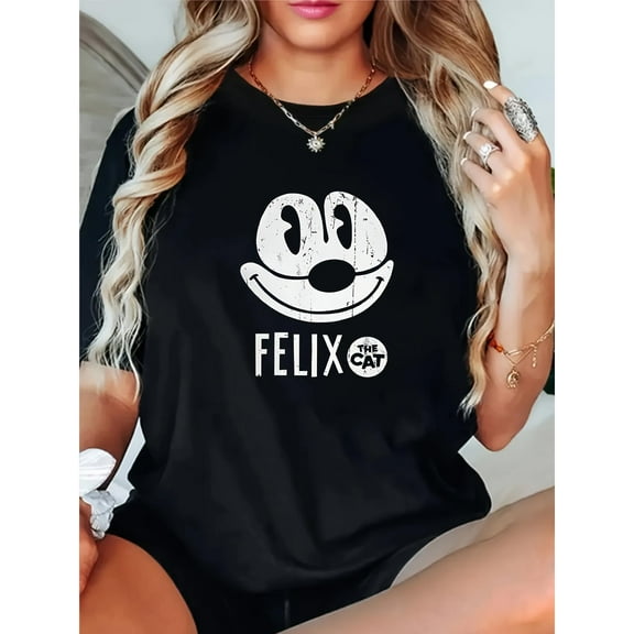 Felix Cat Graphic Tee Black S-5XL 100 Cotton T Shirt Womens Vintage Cartoon Design Top Classic Retro Style Comfortable Soft Breathable Short Sleeve Casual Wear Graphic Tees Playful Cat Lover Tops Spr