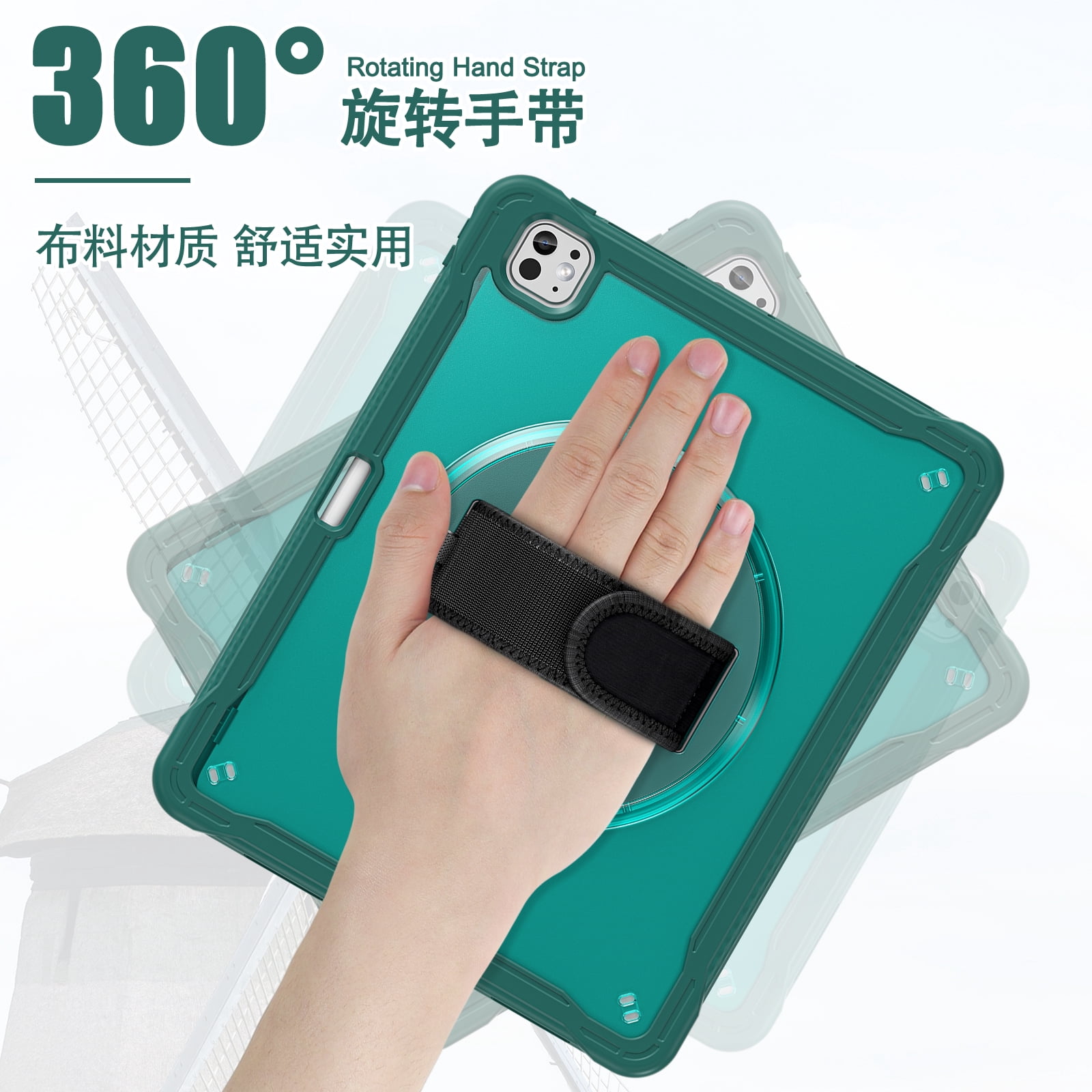 Dteck Case for iPad Pro 13 inch M4 2024,Military Grade Shockproof Silicone Cover 360° Rotatable Stand- Shoulder Strap- Handle- Pencil Holder,Darkgreen