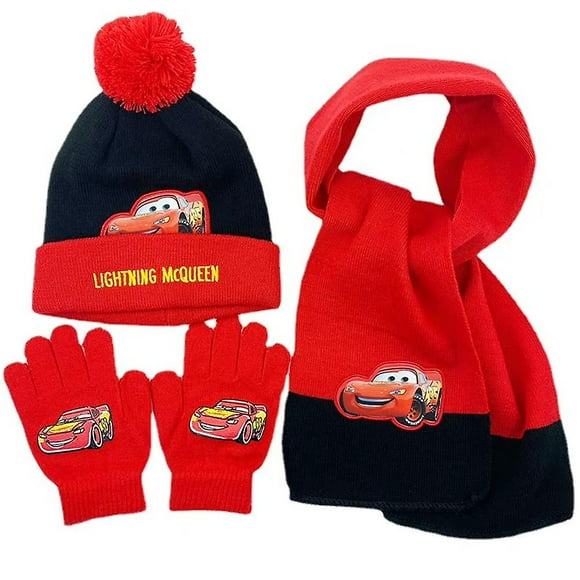 Cars Lightning McQueen Winter Warm Knitted Hat + Scarf + Children's Boys Gloves Set