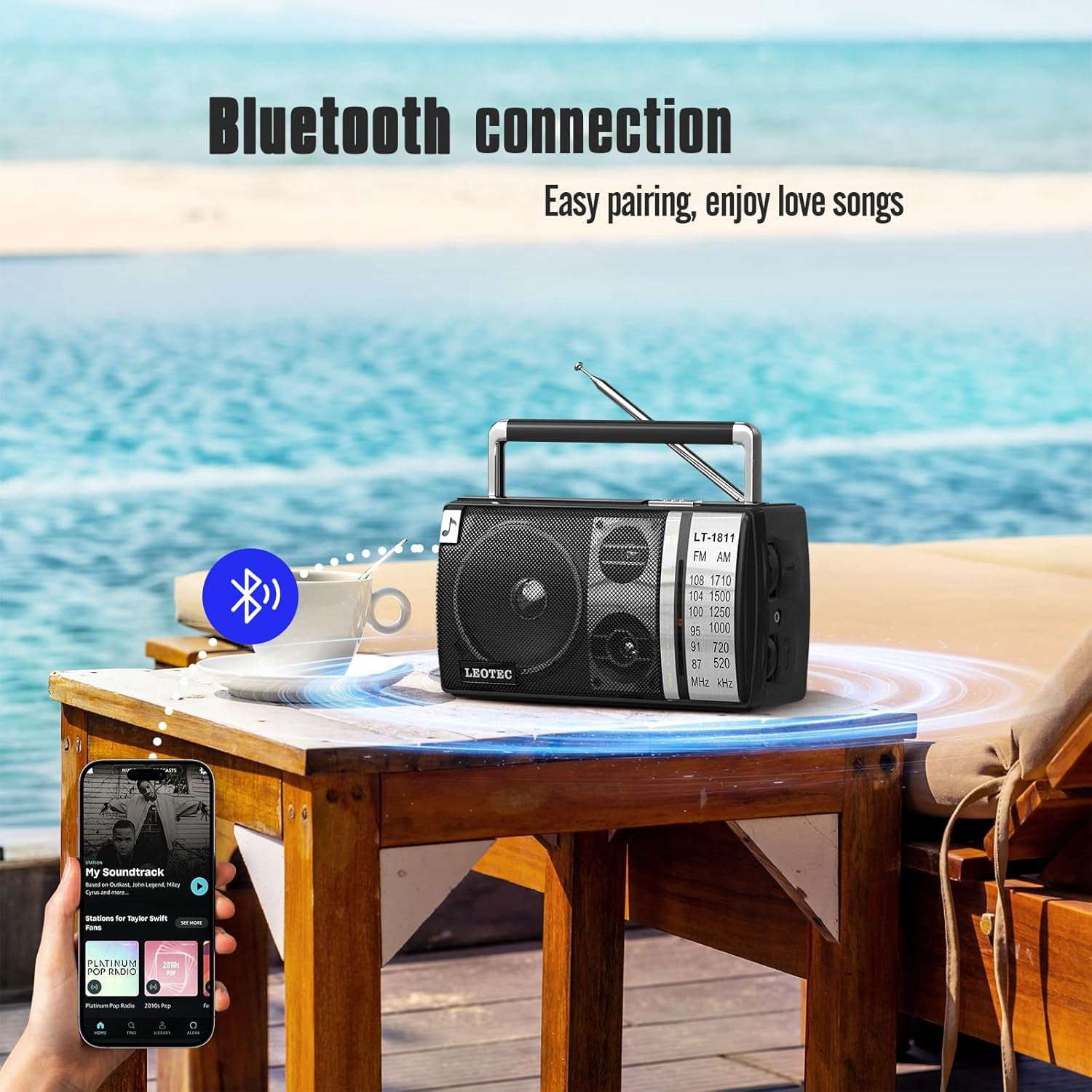 LEOTEC AM FM Radio, Portable Bluetooth Radio, Plug in Wall or Battery Operated Best Reception with Headphone Jack, Handheld Great for Home, Outdoor,Black