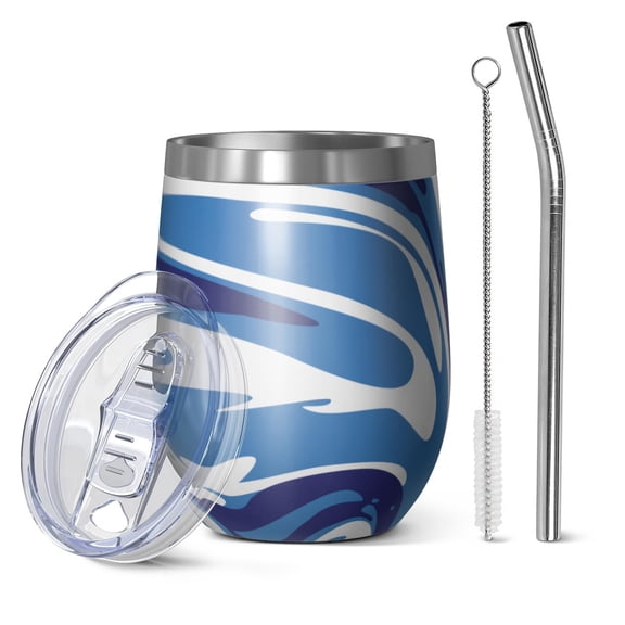 12oz Insulated Wine Tumbler with Lid & Straw, Stainless Steel Egg Shape Cup, Liquid & Marble Print