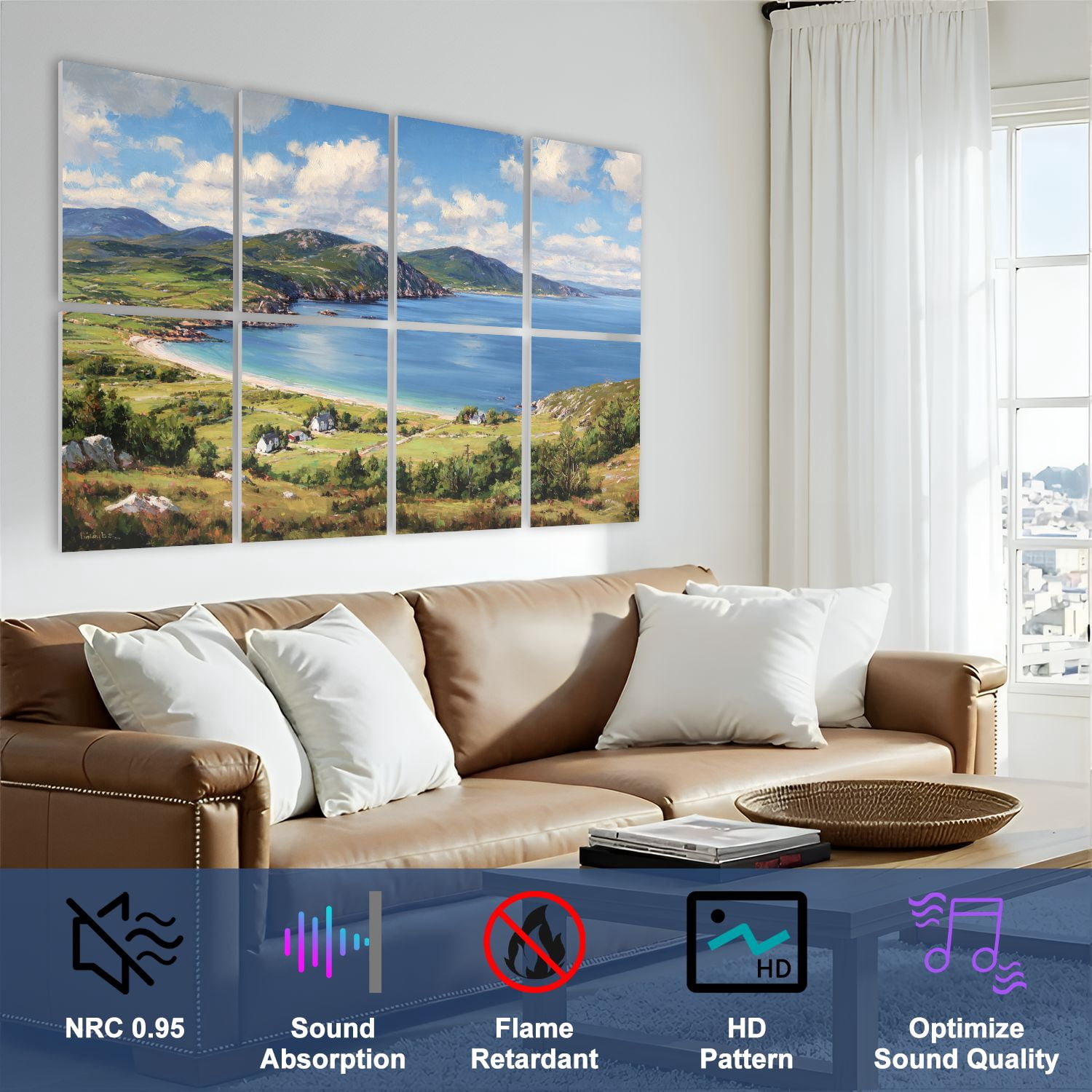 8 Pack Art Acoustic Panels Sound Absorbing Color Ireland Vivid Impressionist Seaside Landscape Coastal Cliffs Decorative Soundproof Wall Panels Self Adhesive for Nursery Game Room Bedroom 48"x32"