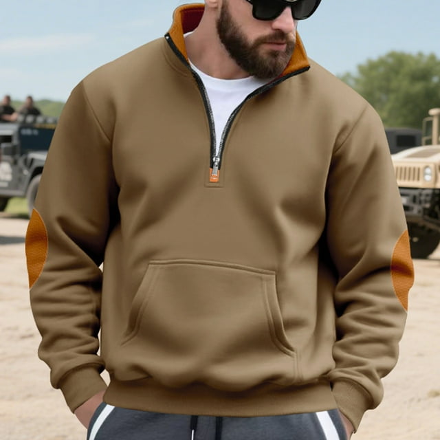 pstuiky camisa de manga larga para hombre, Blusa/camisa informal y moderna de color liso con cuello alto, manga larga y bolsillo con cremallera para hombre Tops de talla grande para hombre m