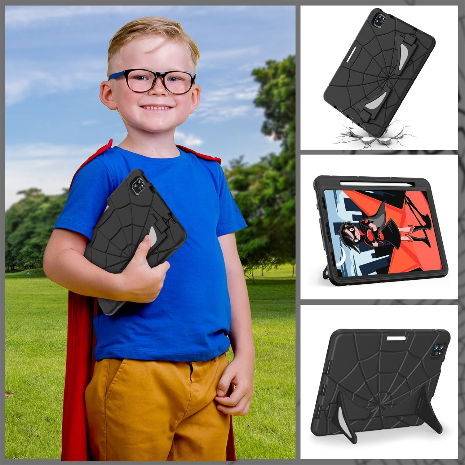 Kids Case for iPad 9th/8th/7th Generation with Pencil Holder, Lightweight Shockproof Stand Anti-Slip Rugged Silicone PC Case Cover for iPad 10.2" 2021/2020/2019 for Boys Girls, Black