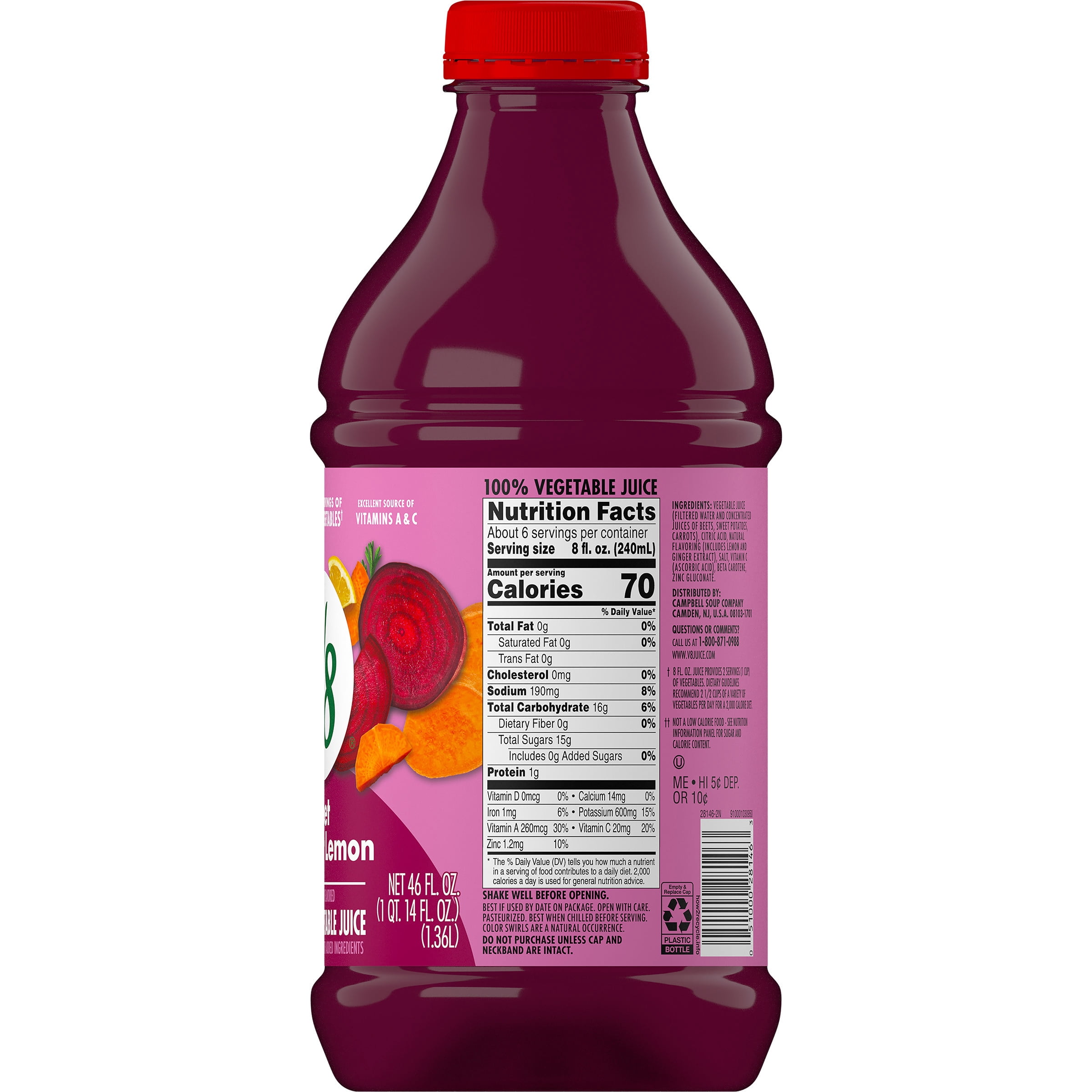 V8 Beet Ginger Lemon 100% Vegetable Juice, 46 fl oz Bottle