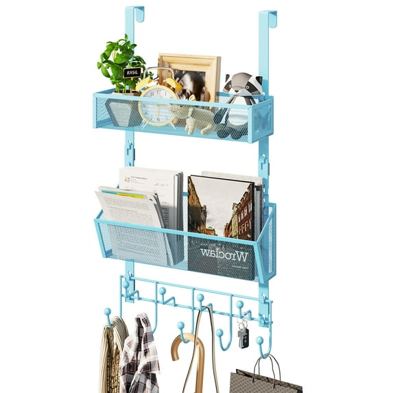 HapiRm Over Door Hook with 2 Mesh Baskets and 9 Hooks, 304 Stainless Steel No Drilling Over The Door Hanger, Over The Door Organizer for Bathroom, Kitchen, Bedroom-Blue (for 1.57in Doors)