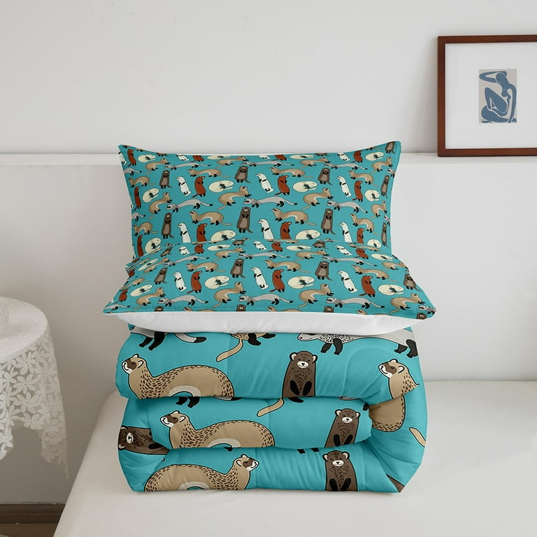 Cartoon Ferret Bedding Set King Funny Wildlife Comforter Set Kawaii Animal Duvet Insert Blue Brown Grey White Quilt Sets Cute Ferret Lovers Gifts Bedding Comforters Sets Animal Theme Room Decor