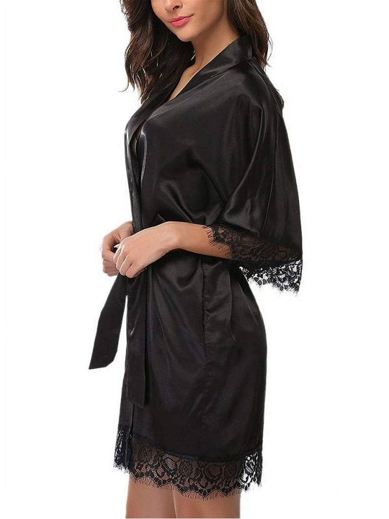 Women Lingerie Robe Satin Lace Trim Sexy Kimono Robes with Ties