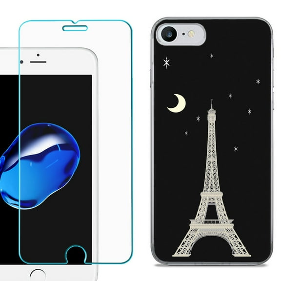 For Apple iPhone 7 / iPhone 8 Case, Slim-Fit TPU Phone Case, with Tempered Glass Screen Protector, by OneToughShield ® - Eiffel Tower Moon