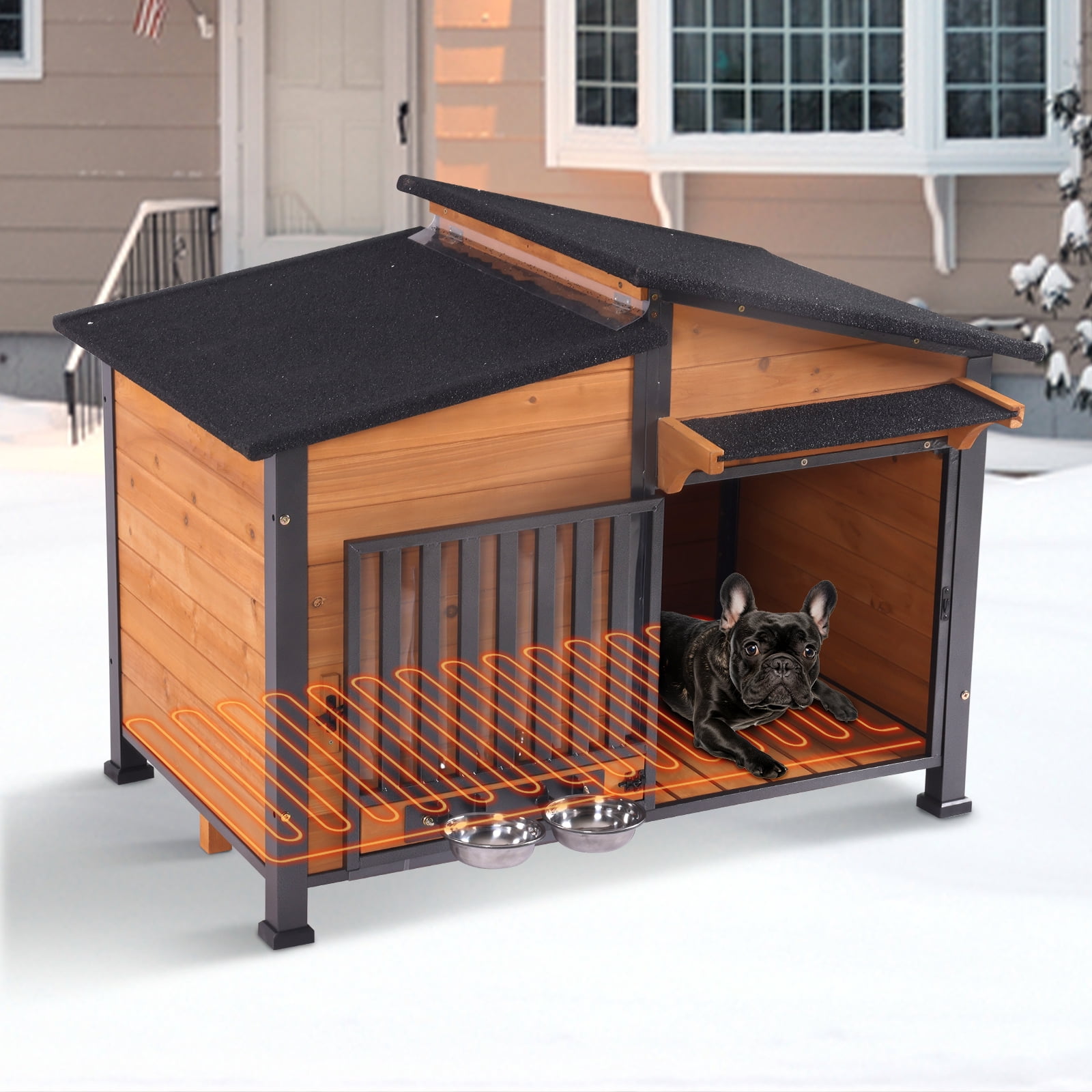 Aivituvin Heated Dog House with Heating Pad & Anti-Chewing Metal Frame, Insulated Wooden Dog Kennel with Unique Design Roof, Weatherproof Dog House for Indoor & Outdoor Use