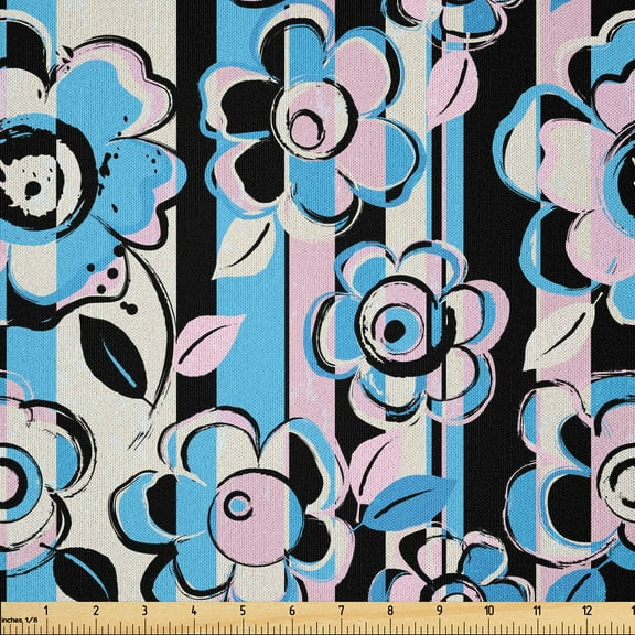 Ambesonne Blue Floral Fabric by the Yard Microfiber, Paint Strokes Striped, 10 Yards, Black Champagne and Rose
