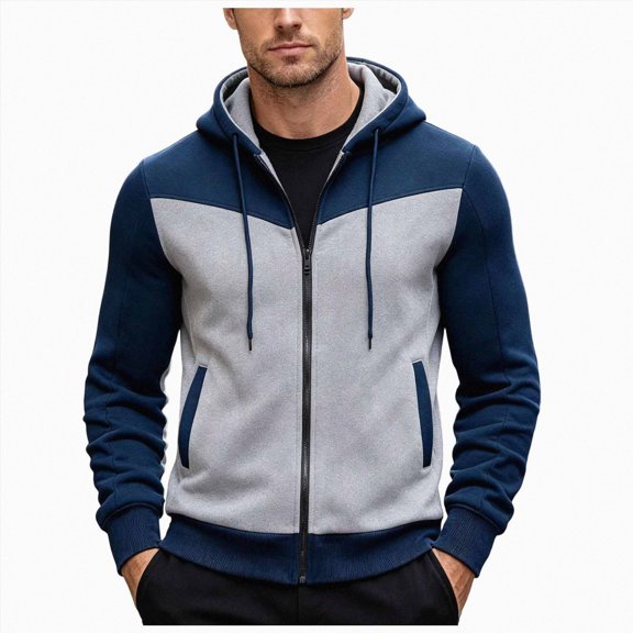 UAYOTSE Mens Color Block Fleece Full Zip Hooded Jacket Drawstring Long Sleeve Hoodie for Street Wear and Daily Training