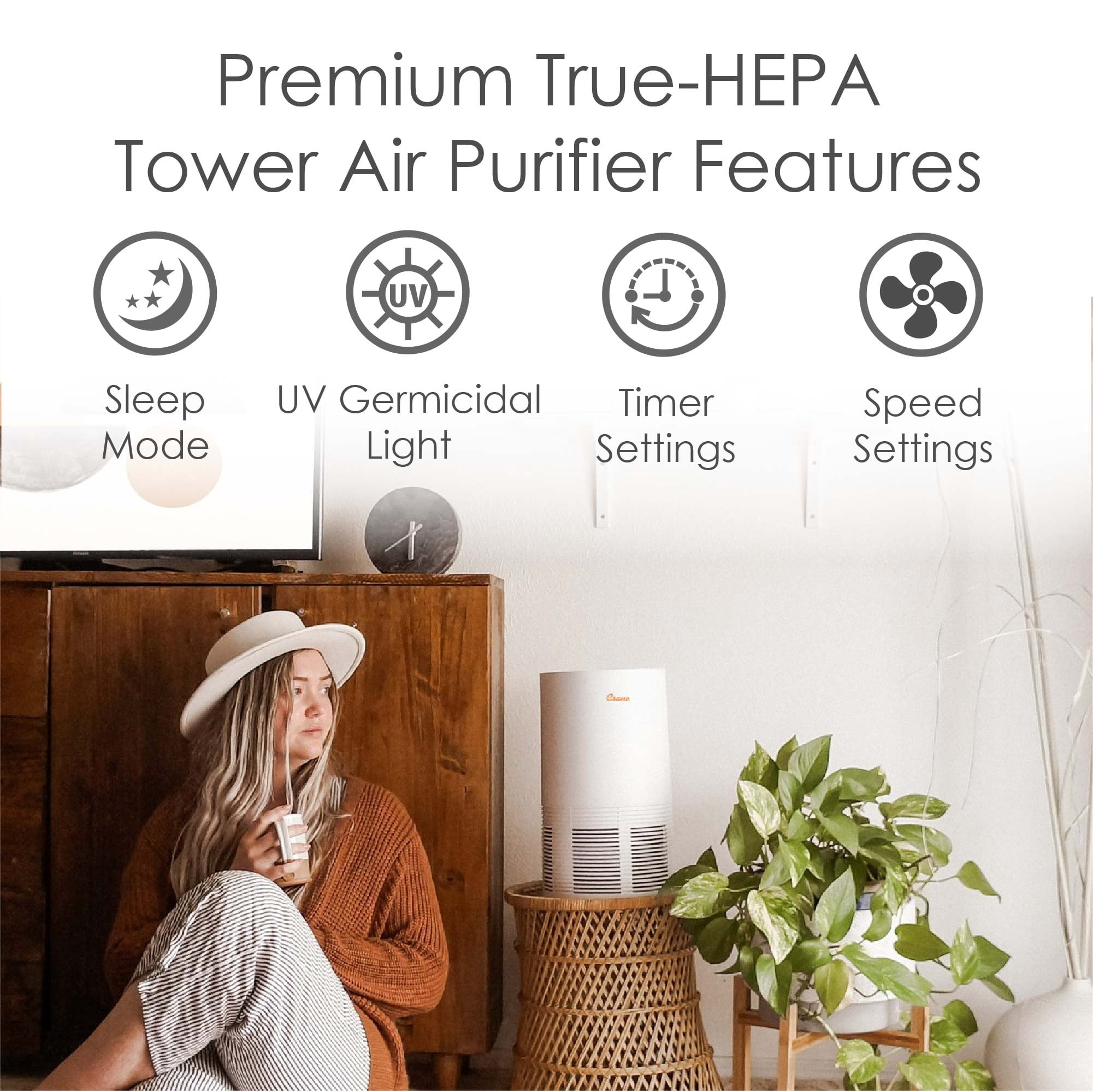 Crane Air Purifier with True HEPA Filter – Quiet, Compact, and Powerful Air Cleaning for Home, Bedroom, and Office, EE-5067