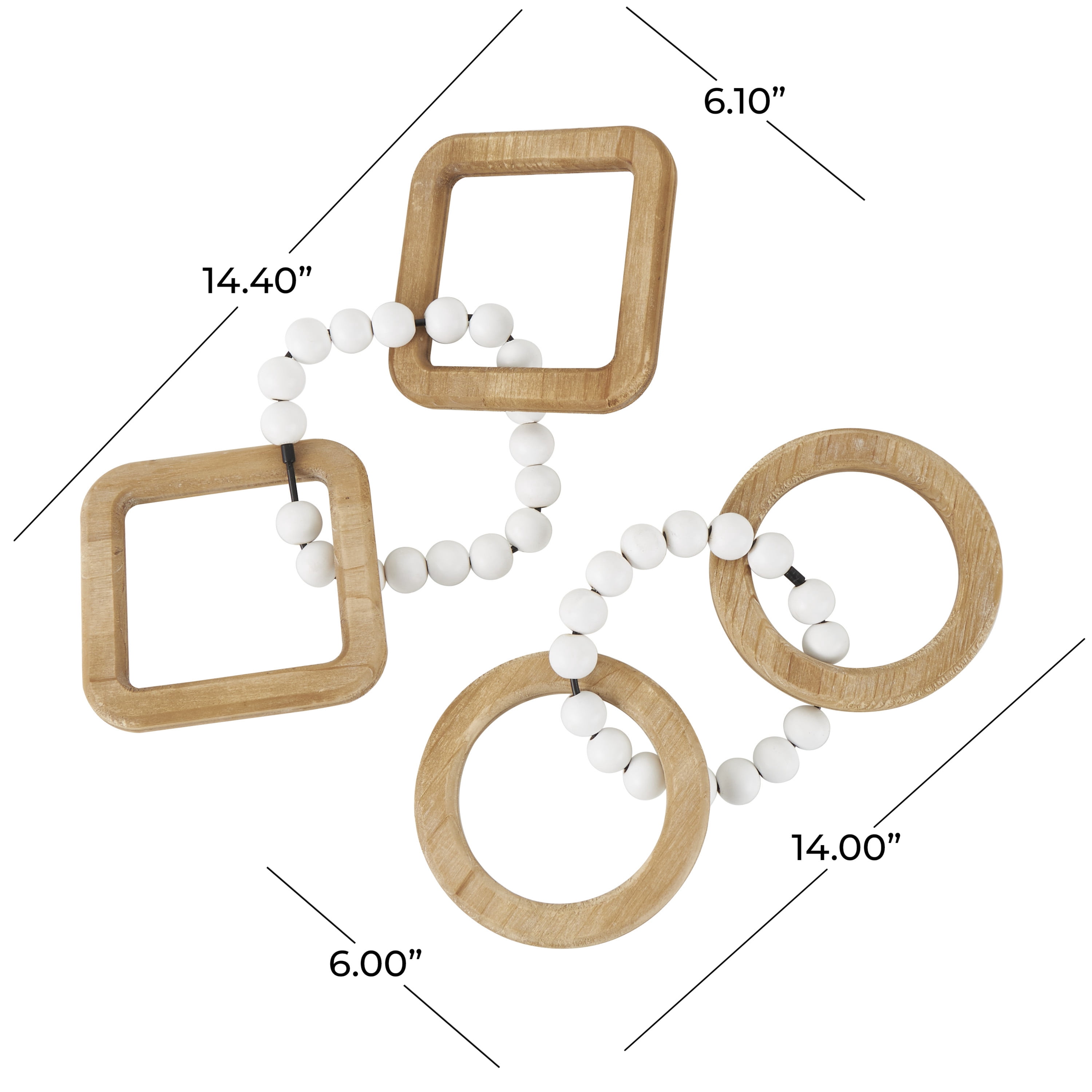 14"W, 2"H Brown Wood Geometric 3 Link Chain Sculpture with White Beaded Accents, by DecMode (2 Count)