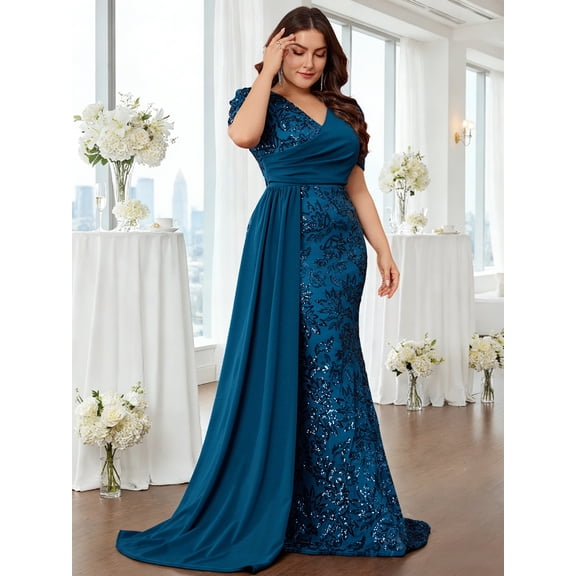 Elegant Women’s Formal Dress Wedding Guest Puff Sleeve Mermaid Ball Gowns Court Train Plus Size Sequin Long Dresses