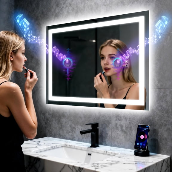 LUVODI Bluetooth LED Bathroom Mirror Rectangle Smart Backlit Wall Makeup Vanity Mirror Dimmable