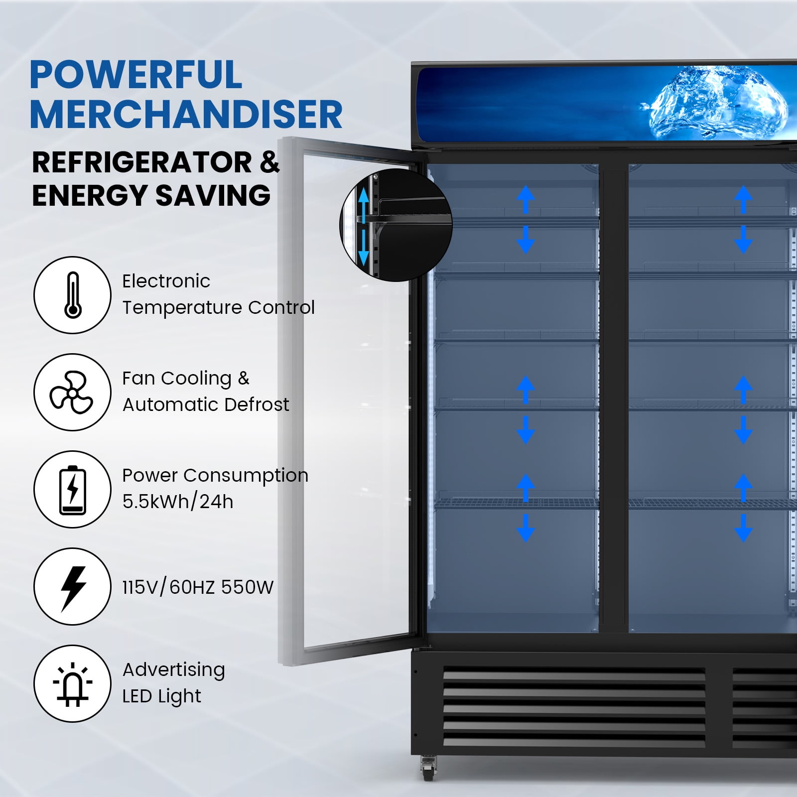 56 Cu Ft Commercial Display Fridge for Beverage,3 Glass Door Upright Refrigerator Merchandiser with Front LED Light