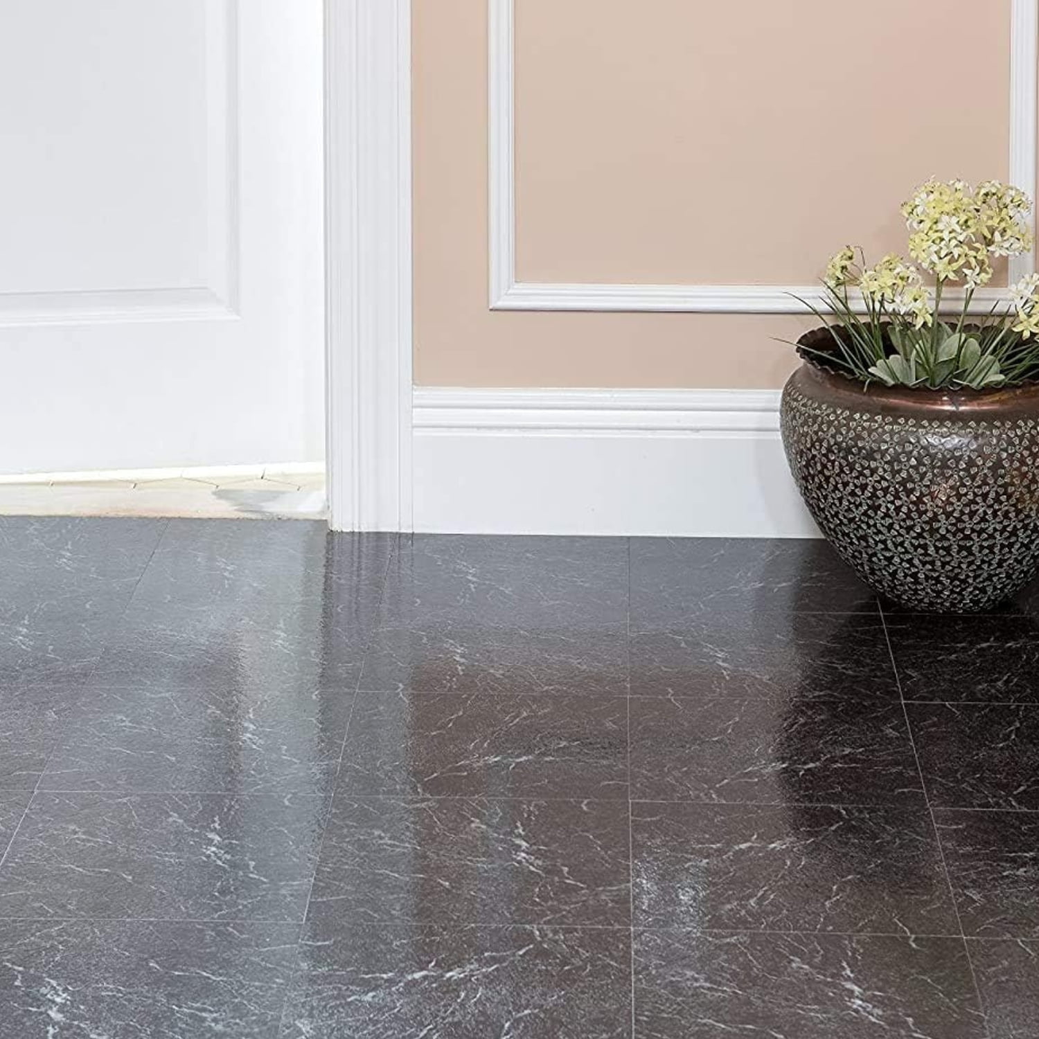 NEXUS Black with White Vein Marble 12x12 Self Adhesive Vinyl Floor Tile - 20 Tiles/20 Sq.Ft., 2 pack