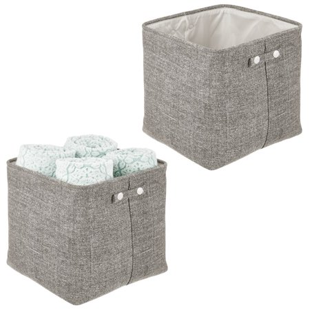 mDesign Soft Cotton Fabric Bathroom Storage Bin and Handles - Organizer for Towels  Toilet Paper Rolls - For Closets  Cabinets  Shelves - Textured Weave  2 Pack - Charcoal Gray