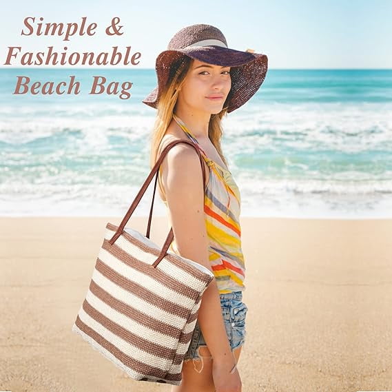 Grand Sac en Paille Sac de Plage d Ete Sac Fourre Tout Doux avec Fermeture Eclair Sac a Main de Plage avec Rayures Sac a Bandouliere Tisse Boheme Beige Walmart