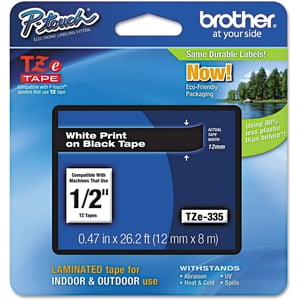Brother P-Touch TZe335 Label Tape, 0.47" x 26.2 ft, White on Black