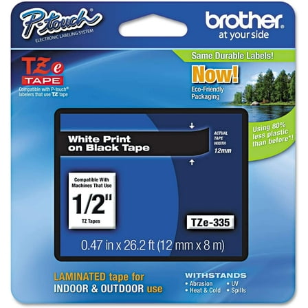 Brother P-Touch TZe335 Label Tape, 0.47" x 26.2 ft, White on Black, Laminated, 1 Roll Included