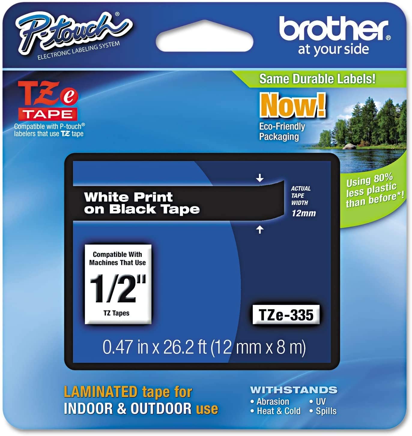 Brother P-Touch TZe335 Label Tape, 0.47" x 26.2 ft, White on Black photo 1