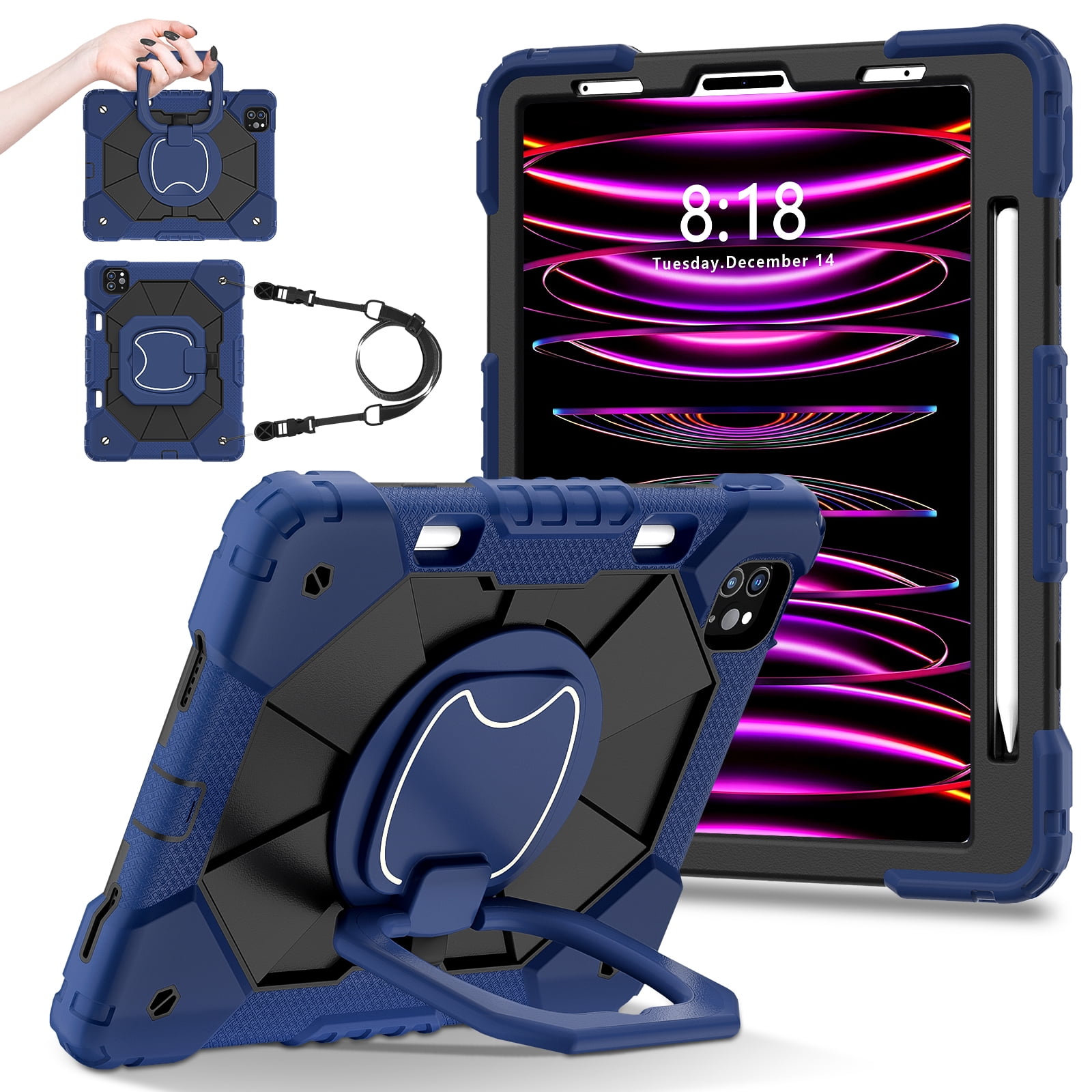 Dteck with Pencil Holder Case for iPad Pro 11-inch 4th 3rd 2nd 1st Gen,iPad Air 5th/4th Generation Heavy Duty Silicone Case 360 Degree Rotating Handle Stand Cover with Shoulder Strap,Navy+Black