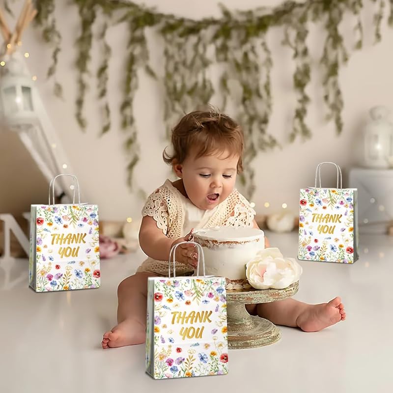 20 Pcs Thank You Party Favor Bags with Handles, Floral Design Thank You Gift Paper Bags for Birthday Baby Shower Wedding Party