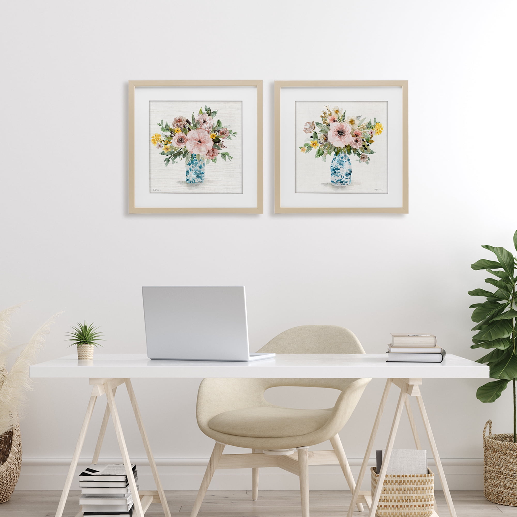 Stupell Industries Summer Chinoiserie Flowers 2 Piece Birch Framed Print Under Glass Set, design by Carol Robinson