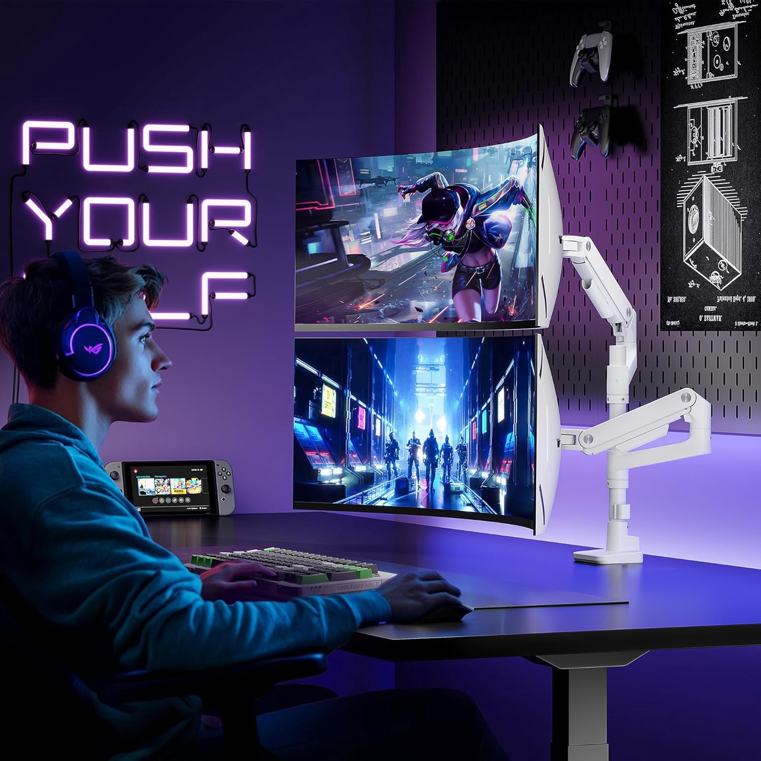ARES WING Dual Monitor Arm Desk Mount for 17–49" Ultrawide Monitors, Heavy Duty Gas Spring Dual Monitor Mount Holds 44 lbs Each, Vertical Stacked, 75x75/100x100 VESA, White