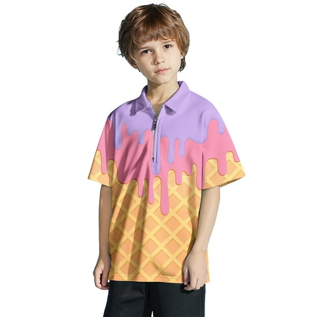 TAIAOJING T-Shirts Polyvalents Garçon Fille Crème Glacée Imprimée Manches Courtes Col Rabattu T-Shirts Stylés Haut à Fermeture Éclair pour Tout-Petit à Adolescent Coupe Décontractée Léger Tenue Quotidienne