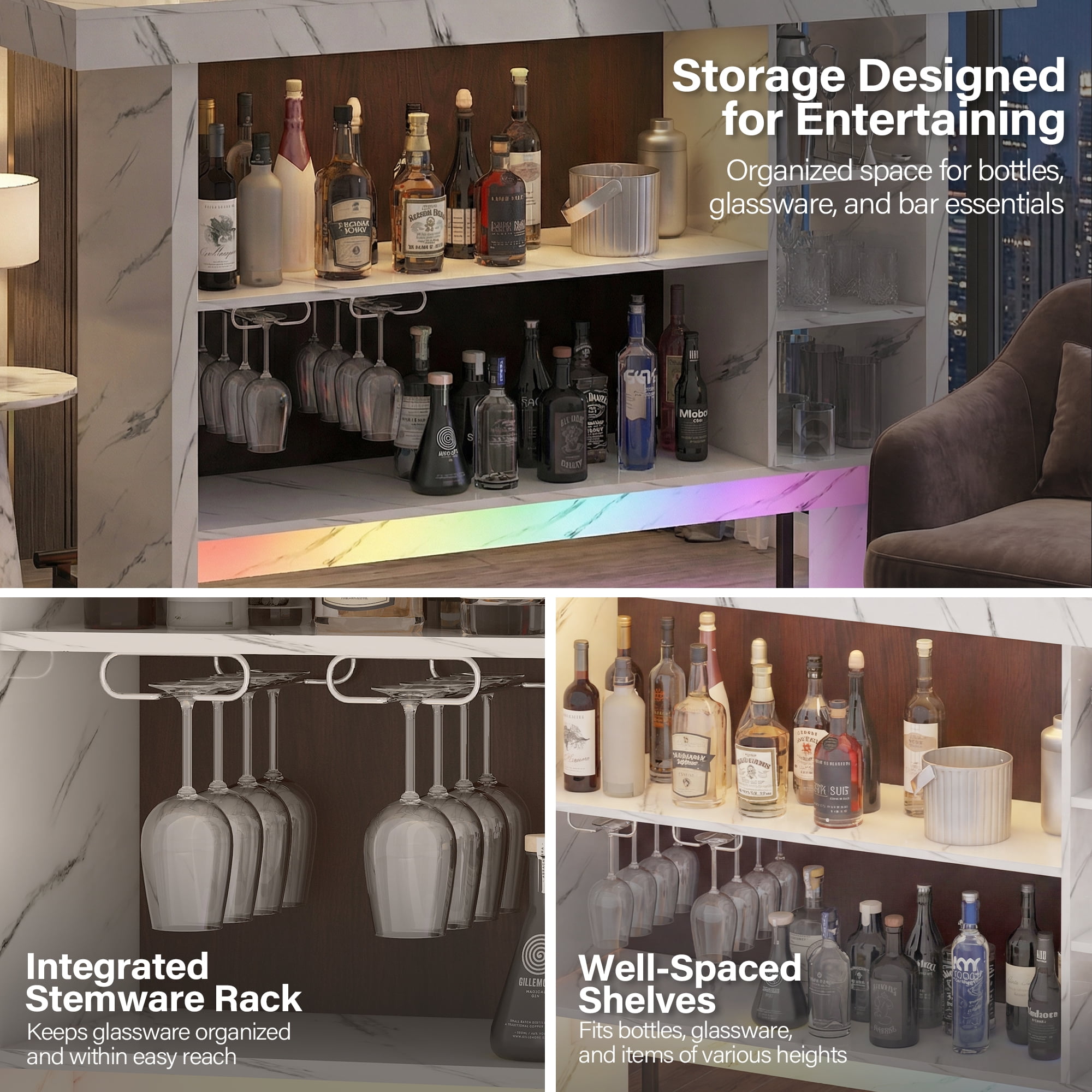 Advwin 62" Large Home Bar Unit with LED Lights & Footrest, Modern Liquor Bar Table with Glass Holders, Mini Coffee Bar Cabinet for Living Room, Kitchen, Home Pub