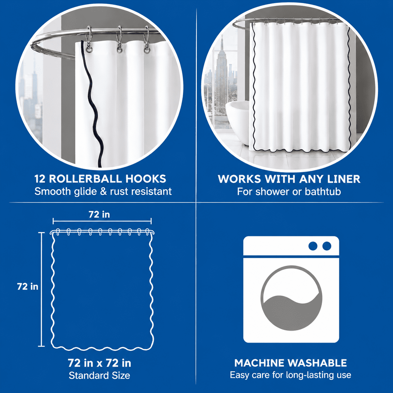 Mainstays 14 Piece Black and White Scallop Shower Curtain Set – 72" x 72" Faux Linen Fabric, Waterproof PEVA Liner & Metal Hooks, Machine Washable