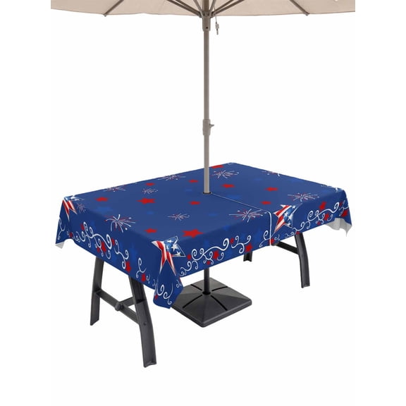 Outdoor Tablecloth with Umbrella Hole for Patio/Picnic/Party/Camping, Blue 4th of July Waterproof Table Cloth Rectangle Table Cover Washable, Independence Day Star Red (54"x 80")