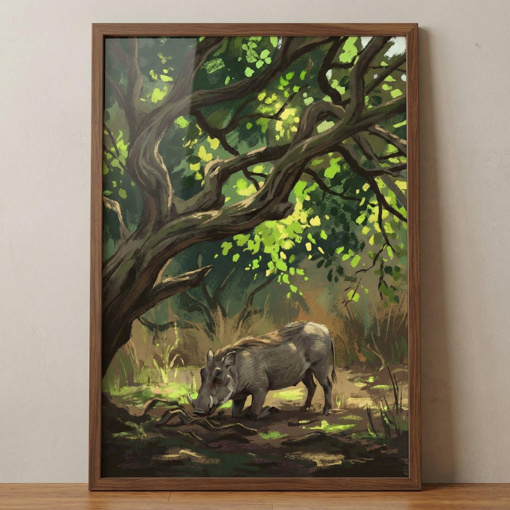 Sun Dappled Forest Warthog Wall Art African Wildlife Print Safari Animal Nursery Decor Nature Illustration Rustic Savanna Decor