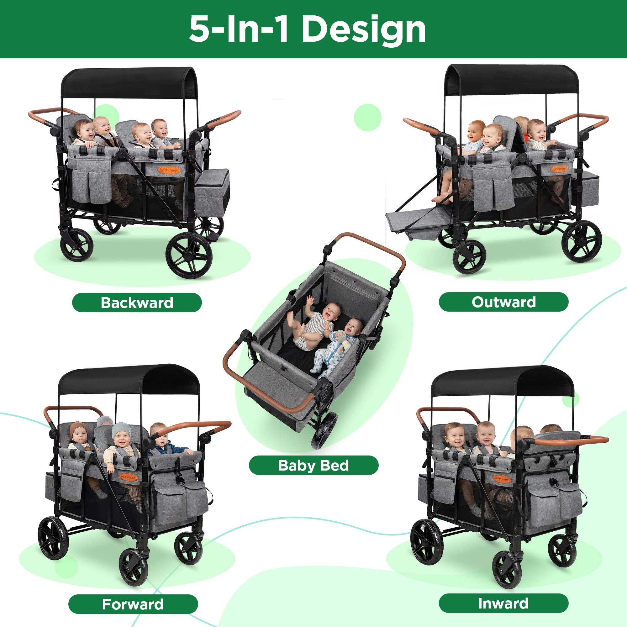 Vomeast Upgrade Wagon Stroller for 4 Kids, 4-Seater Outdoor Baby Stroller Wagon with Canopy, 5-Point Harness, Adjustable Handle(Grey)