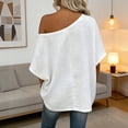 thumbnail image 6 of Puyaiuu Women Casual Off Shoulder Tops, Short Sleeve Asymmetrical Blouses with Solid Color, Lightweight Linen Feel Shirts for Summer Spring, Daily Work Party Vacation Outfits Gift, 6 of 7