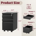 thumbnail image 6 of IKIMI 3 Drawer Mobile File Cabinet, Under Desk Vertical File Cabinet with Lock, Metal Filing Cabinet on Wheels, Office Rolling Storage Cabinets for Legal/Letter/A4 File Fully Assembled-Black, 6 of 11
